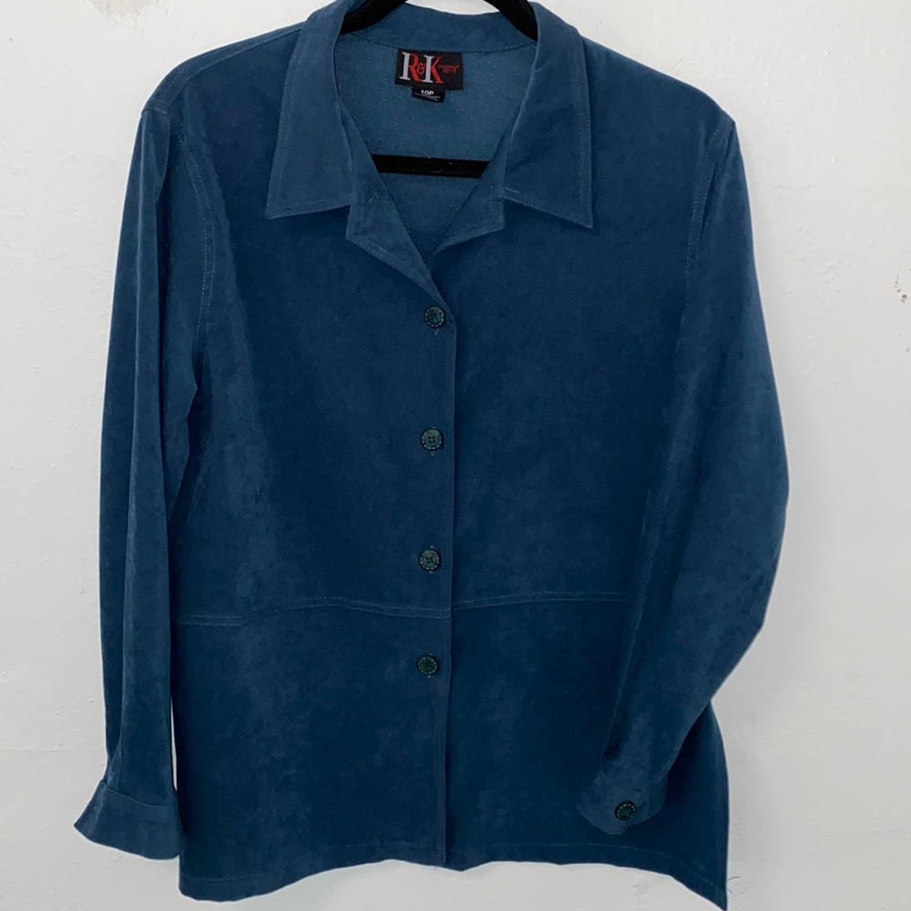 R&K Originals Petite Faux Suede Button Down Blouse.